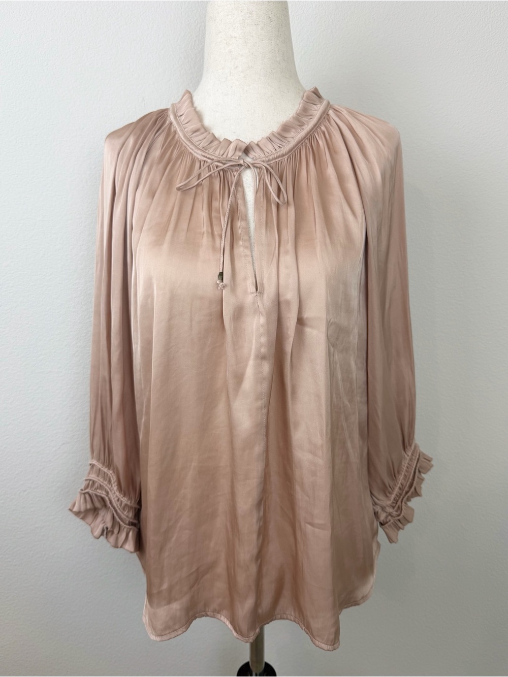 Ulla Johnson Rosamund Matte Japanese Satin Pleated Poet Blouse Blush Pink - Picture 2 of 11